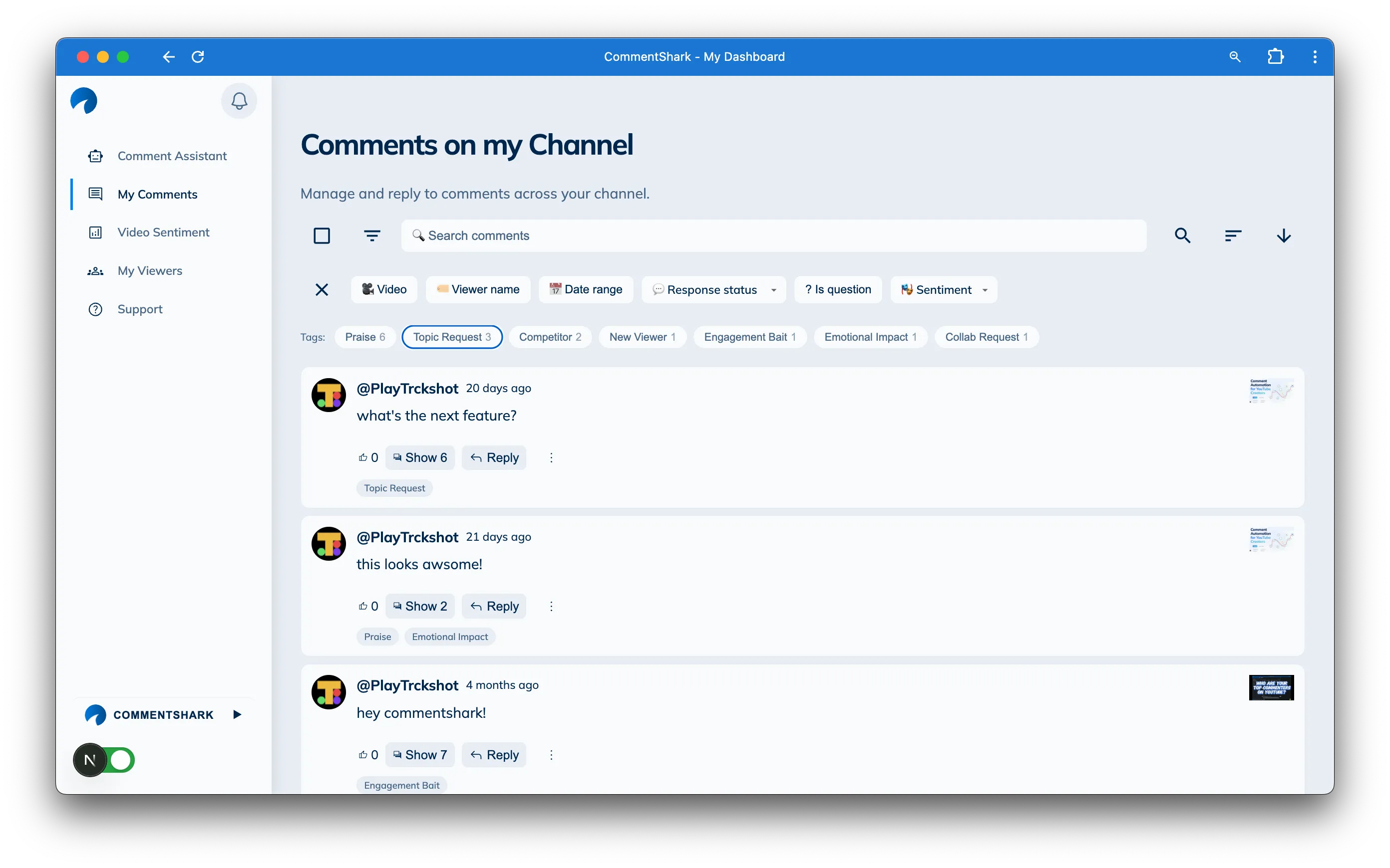 CommentShark comments inbox with filters and search